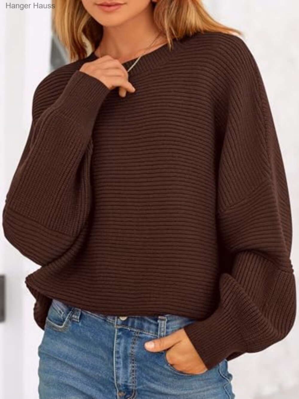 Oversized Chunky Knit Sweater Lantern Sleeve Pullover Crewneck - Picture 5 of 6